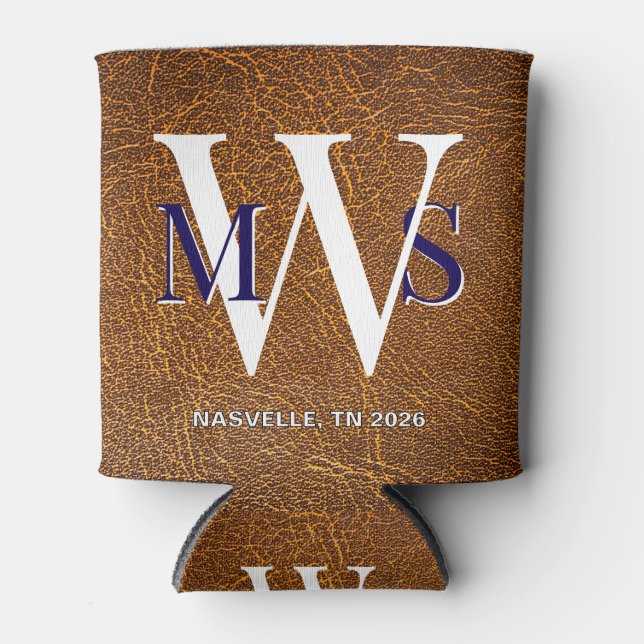 Rustic Faux Leather Custom Monogram Nashville Can Cooler (Front)