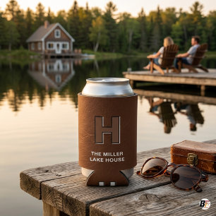 Rustic Faux Leather Monogram Personalised Lake Hou Can Cooler