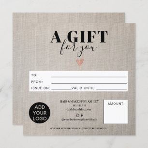 Rustic faux linen square gift certificate logo