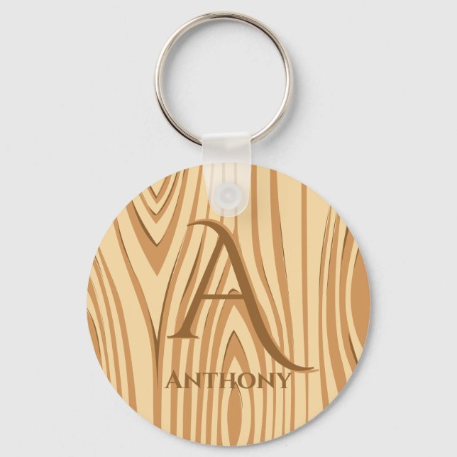 Rustic Faux Stained Brown Wood Monogrammed Custom Key Ring (Front)