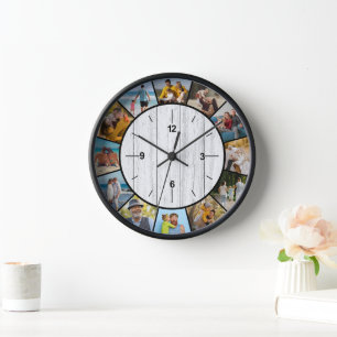Rustic Faux White Wood Fence 12 Photo Collage Clock