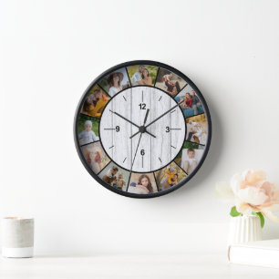 Rustic Faux White Wood Fence 12 Photo Collage Clock