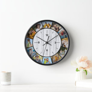 Rustic Faux White Wood Fence 12 Photo Collage Clock