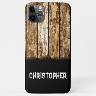 Rustic faux wood add name brown black iPhone 11 pro max case