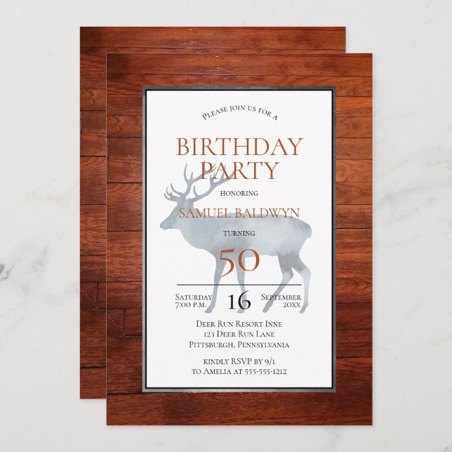 Rustic Faux Wood Antlered Deer Birthday Party Invitation (Front/Back)