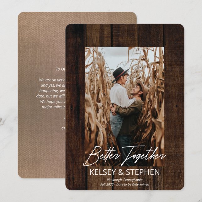 Rustic Faux Wood Better Together Photo Engagement Announcement (Front/Back)