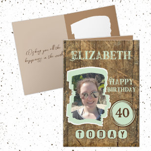 Rustic faux wood brown green 40th birthday card
