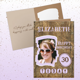 Rustic faux wood brown lilac 30th birthday card