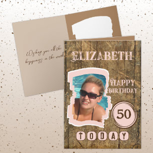 Rustic faux wood brown pink 50th birthday card