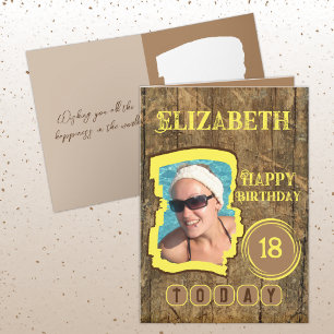 Rustic faux wood brown yellow 18th birthday card
