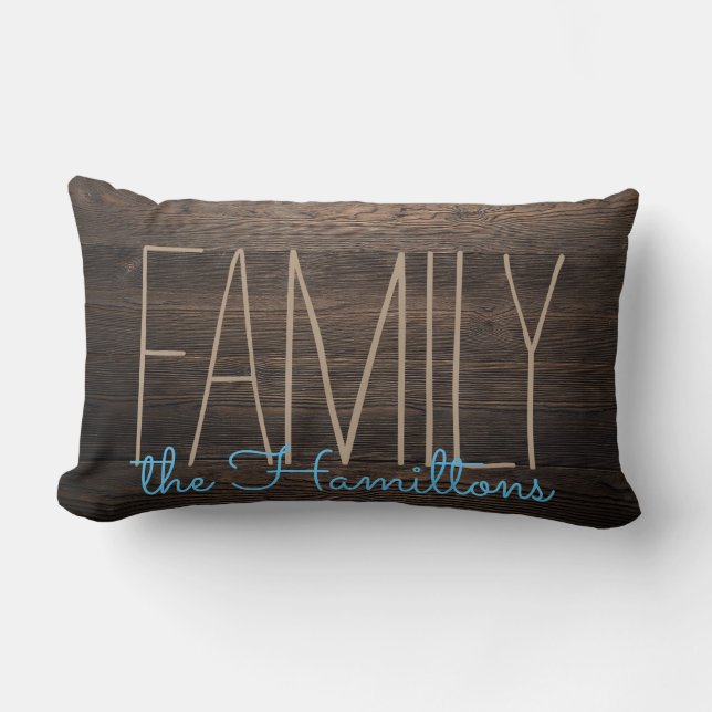 Rustic  FAUX WOOD Chic Family Monogram  BLUE Lumbar Cushion (Front)