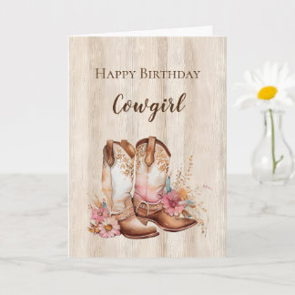 Rustic Faux Wood Cowgirl Floral Boots Birthday Card
