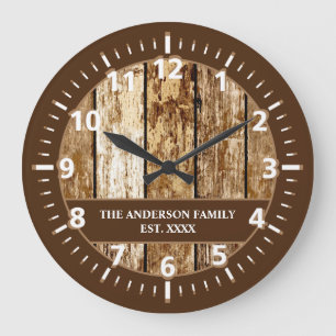 Rustic faux wood family name dark brown white large clock
