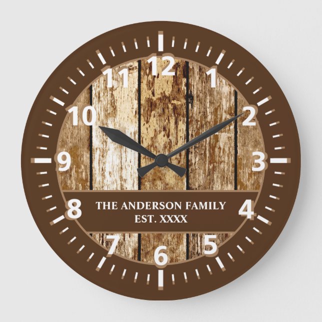 Rustic faux wood family name dark brown white large clock (Front)
