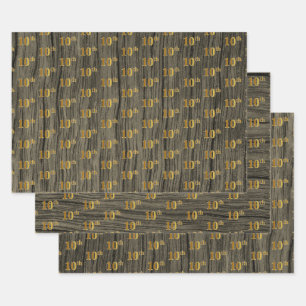 Rustic Faux Wood Grain, Elegant Faux Gold "10th" Wrapping Paper Sheet