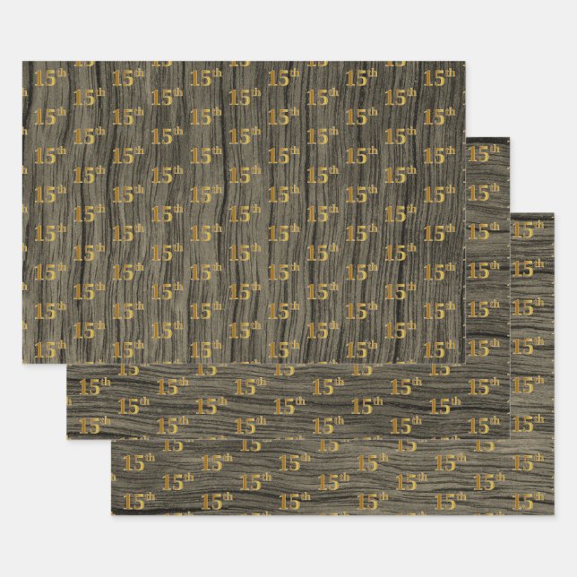 Rustic Faux Wood Grain, Elegant Faux Gold "15th" Wrapping Paper Sheet (Set)