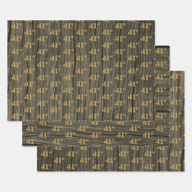 Rustic Faux Wood Grain, Elegant Faux Gold "41st" Wrapping Paper Sheet (Set)