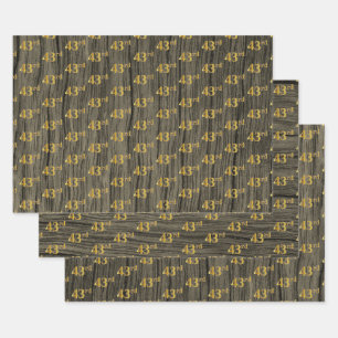 Rustic Faux Wood Grain, Elegant Faux Gold "43rd" Wrapping Paper Sheet
