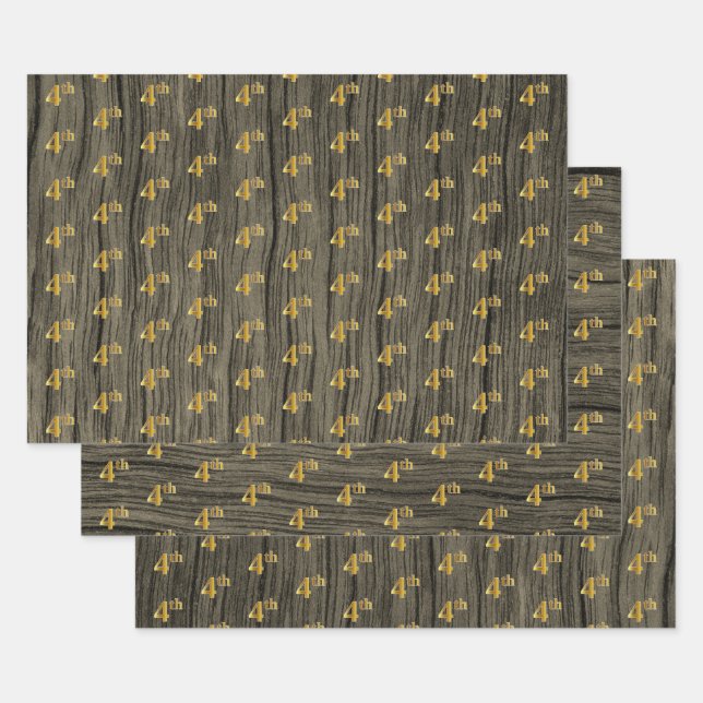 Rustic Faux Wood Grain, Elegant Faux Gold "4th" Wrapping Paper Sheet (Set)