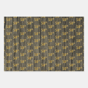 Rustic Faux Wood Grain, Elegant Faux Gold "50th" Wrapping Paper Sheet