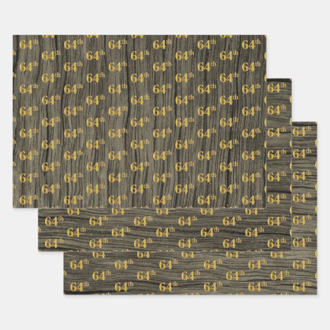 Rustic Faux Wood Grain, Elegant Faux Gold "64th" Wrapping Paper Sheet (Set)