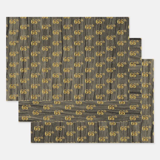 Rustic Faux Wood Grain, Elegant Faux Gold "66th" Wrapping Paper Sheet (Set)
