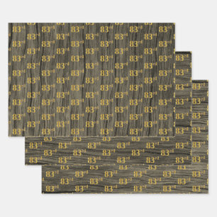 Rustic Faux Wood Grain, Elegant Faux Gold "83rd" Wrapping Paper Sheet
