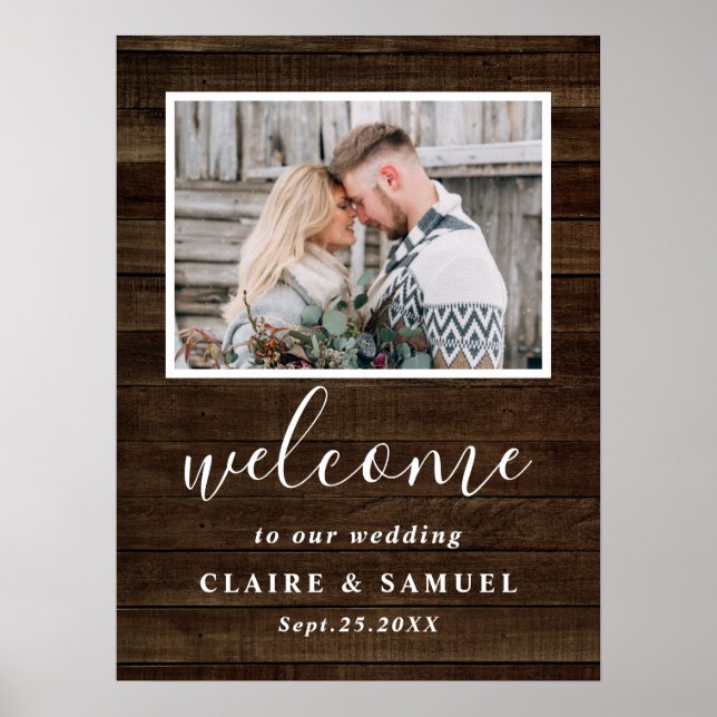 Rustic Faux Wood Photo Wedding Welcome Sign (Front)