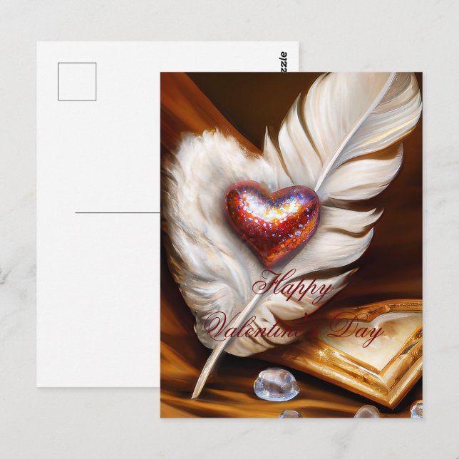 Rustic feather and heart valentine postcard (Front/Back)