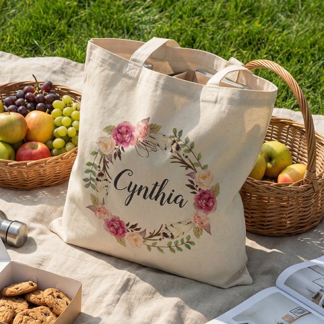 Rustic Feather Boho Floral Wreath Bridesmaid Tote Bag (Creator Uploaded)