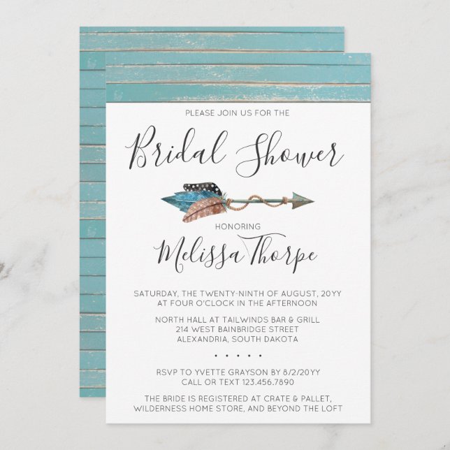 Rustic Feathers Arrow Bridal Shower Invitation (Front/Back)