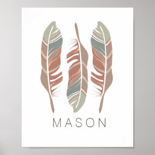 Rustic Feathers Personalised Boy Wall Art Print