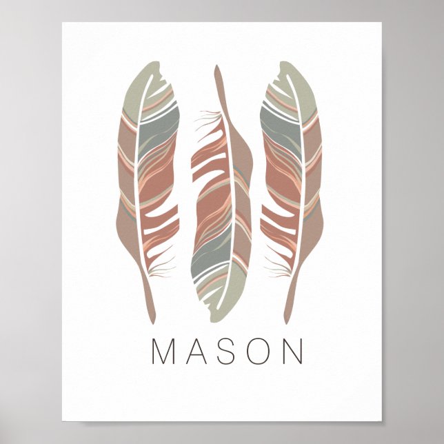 Rustic Feathers Personalised Boy Wall Art Print (Front)