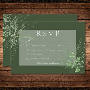 Rustic Fern Foliage Emerald Green Dinner Wedding RSVP Card
