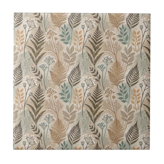 Rustic Fern Foliage & Wildflowers Botanical Design Ceramic Tile (Front)
