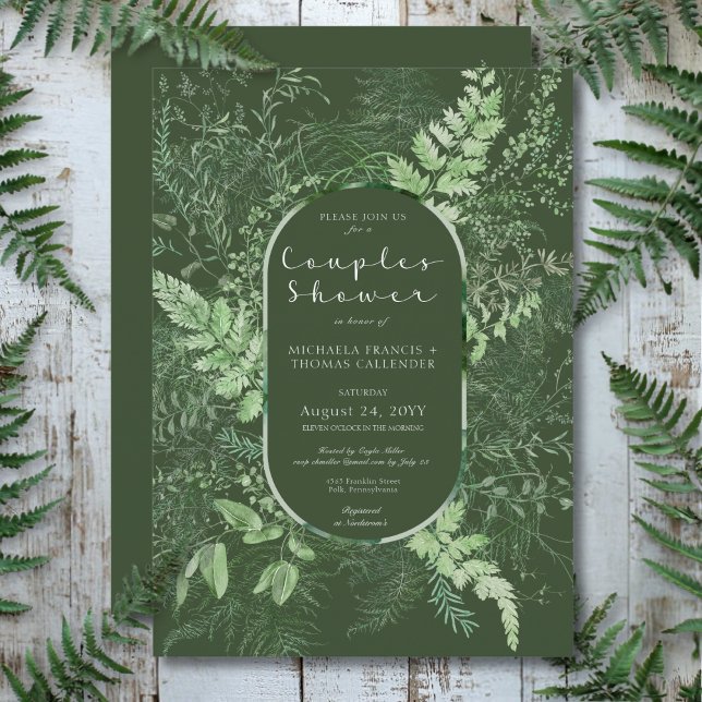 Rustic Fern Green Foliage Emerald Couples Shower Invitation (Rustic Fern Green Foliage Emerald Couples Shower Invitation)