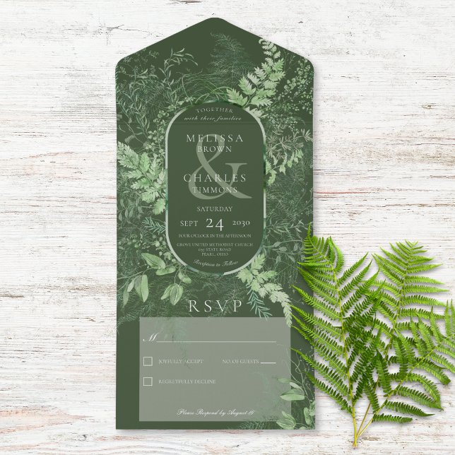 Rustic Fern Green Foliage Emerald No Dinner All In One Invitation (Also available with a QR code or with dinner selection options.)