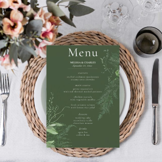 Rustic Fern Green Foliage Emerald Wedding Menu (Creator Uploaded)