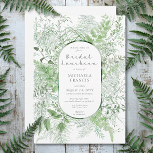 Rustic Fern Green Foliage White Bridal Luncheon Invitation