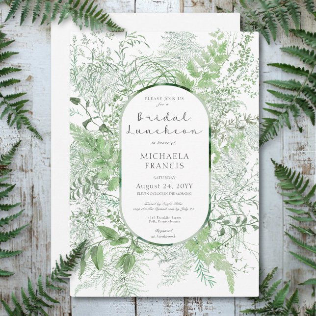 Rustic Fern Green Foliage White Bridal Luncheon Invitation (Rustic Fern Green Foliage White Bridal Luncheon Invitation)