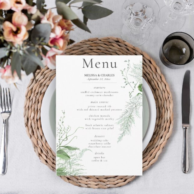 Rustic Fern Green Foliage White Wedding Menu (Creator Uploaded)