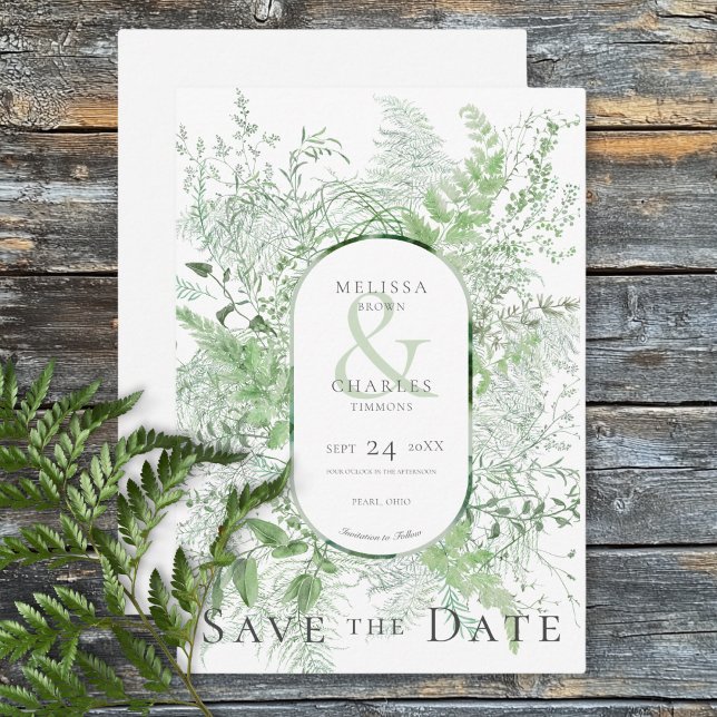 Rustic Fern Green Foliage White Wedding Save The Date (Rustic Fern Green Foliage White Wedding Save The Date)