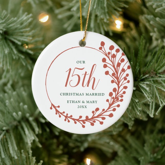 Rustic Fern Personalised 15th Christmas Married Ceramic Ornament (Tree)