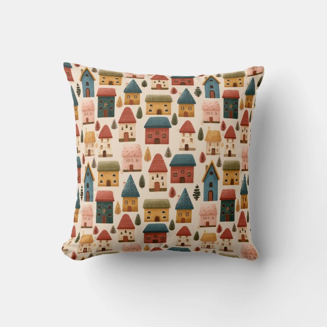 Rustic Festive Christmas Houses Seamless Pattern Cushion (Front)