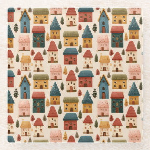 Rustic Festive Christmas Houses Seamless Pattern Glass Coaster