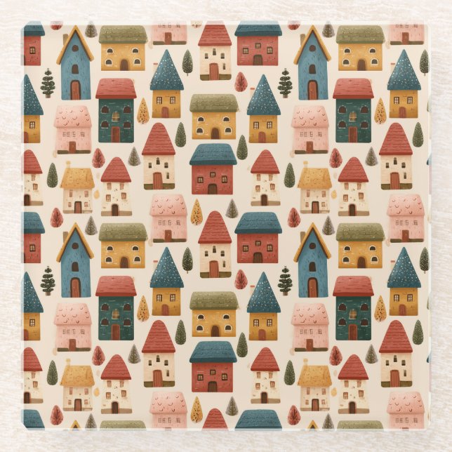 Rustic Festive Christmas Houses Seamless Pattern Glass Coaster (Front)