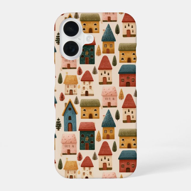 Rustic Festive Christmas Houses Seamless Pattern iPhone 16 Case (Back)