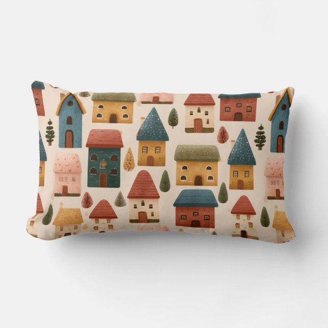 Rustic Festive Christmas Houses Seamless Pattern Lumbar Cushion (Front)