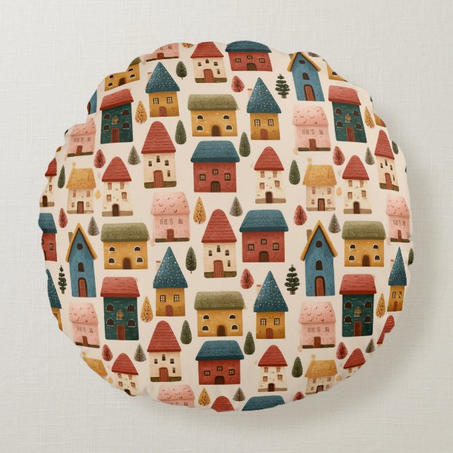 Rustic Festive Christmas Houses Seamless Pattern Round Cushion (Front)