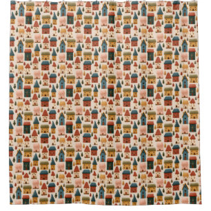 Rustic Festive Christmas Houses Seamless Pattern Shower Curtain